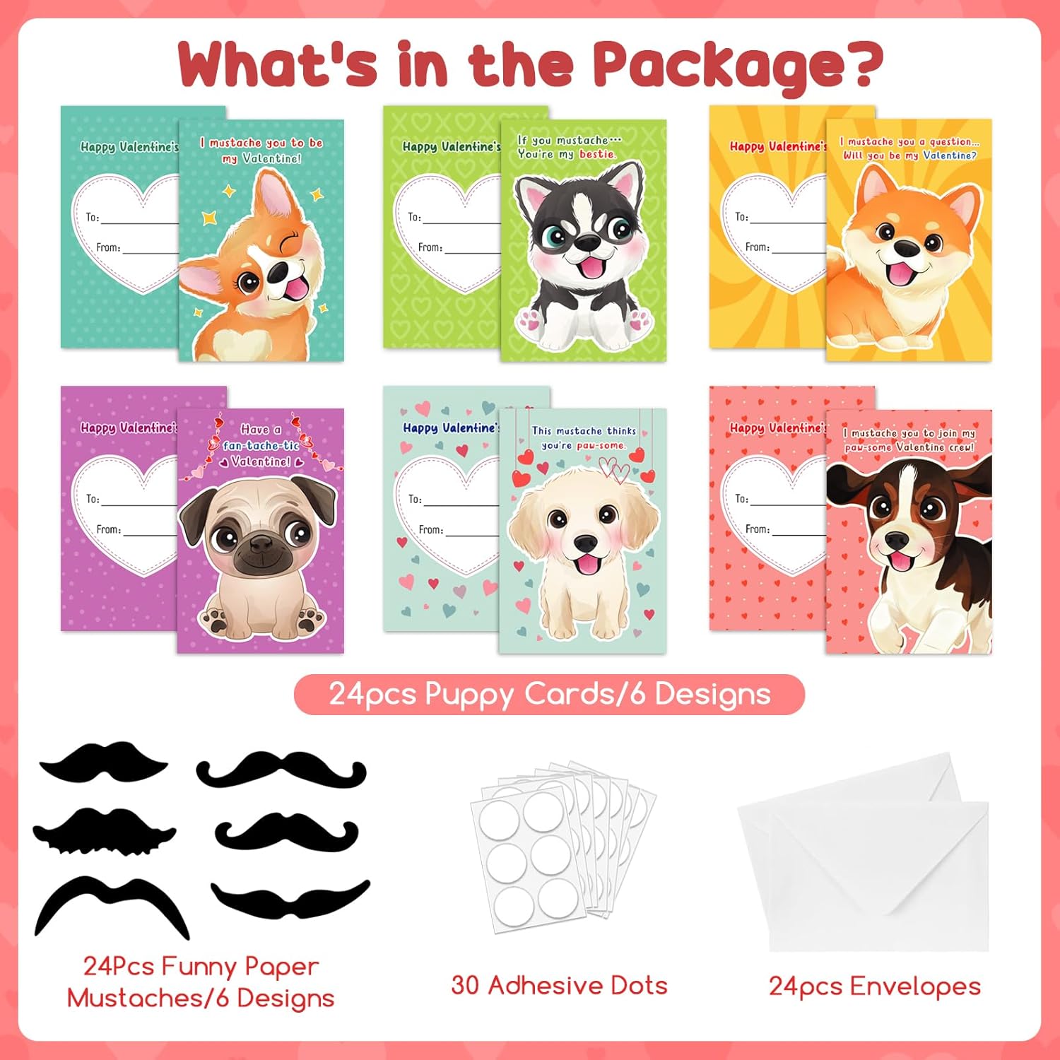 24Pcs Valentines Day Cards For Kids, Funny Valentine’S Day Greeting Cards With Mustaches For Classroom Exchange Activity, Kids Valentine Exchange Gift Card For Class Party, 6 Cute Puppy Designs