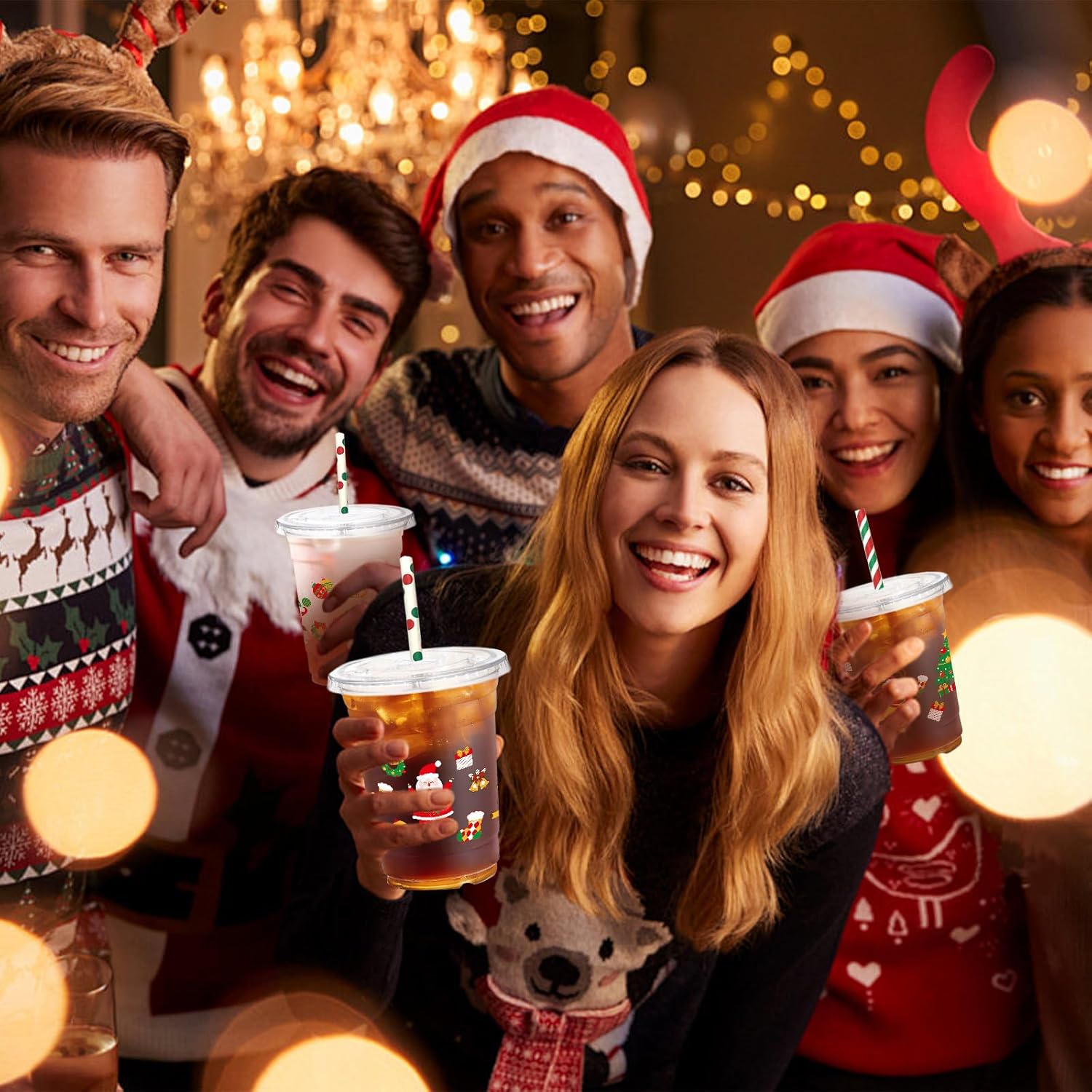 50 Sets Christmas Plastic Party Cups With Straws And Lids,12Oz Disposable Holiday Clear Cups Santa Tree Stocking Printed For Xmas Party, Celebrations, School, Office, Family Gatherings