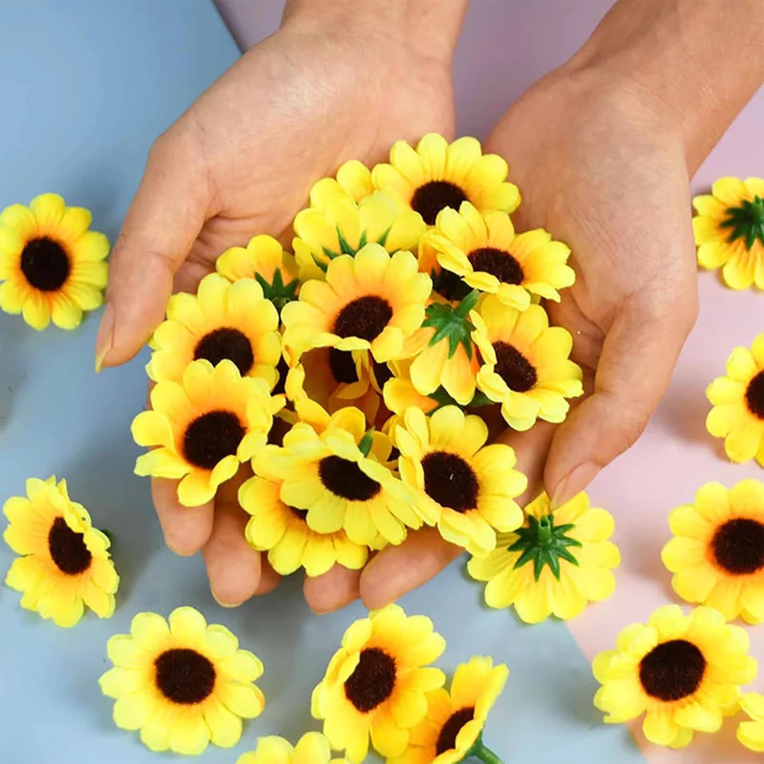 100Pcs Yellow Sun Flower Heads Decorations,Artificial Mini Daisy Decorative Flower,Sunflower Decorative Fabric Flowers,Craft Floral Embellishments For Diy Crafts Wedding Floral Arrangements