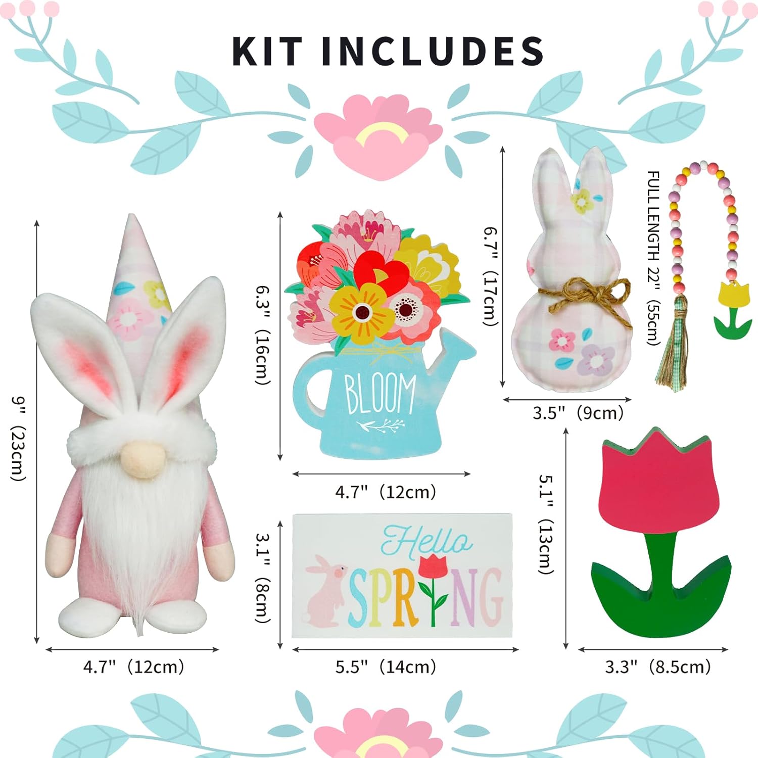 Spring Decorations - 6Pcs Bunny Gnome Tiered Tray & Wood Signs, Plus Plush Bunny & Flower Bead Garland For Easter & Farmhouse Kitchen Decor