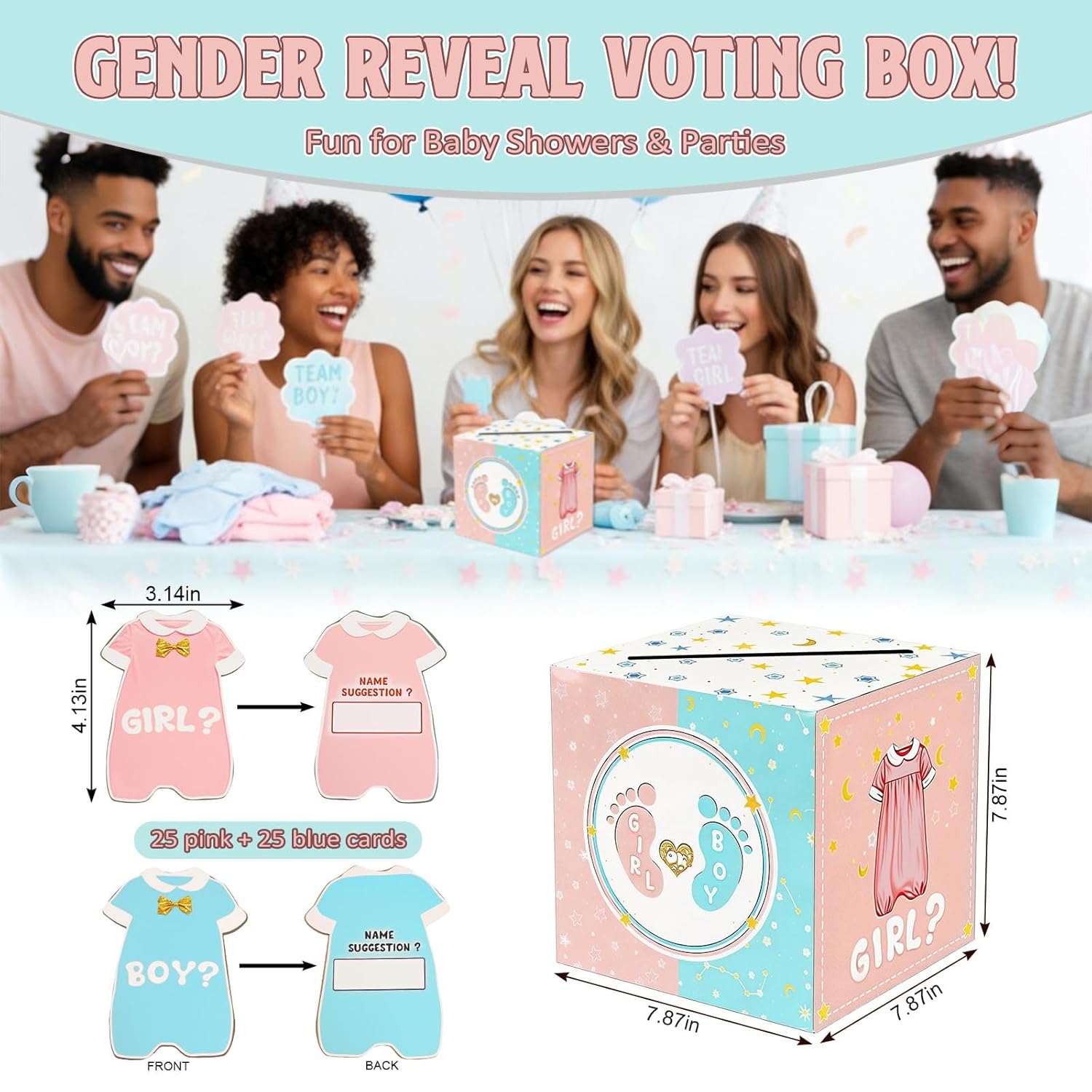 Glodecart Baby Gender Reveal Voting Box With 50 Pcs Ballot Cards Boy Or Girl Gender Reveal Games For Guests Baby Shower Party Decorations