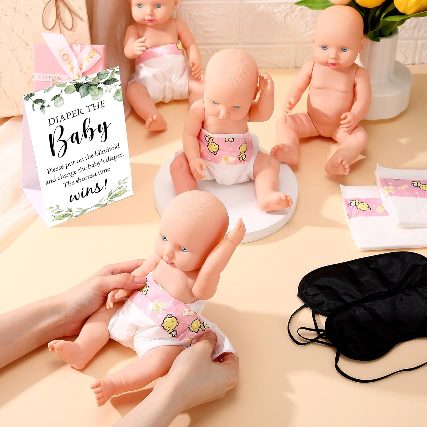 37 Pcs Baby Shower Diaper Changing Game Supplies Including Dolls Blindfold Diapers Cardboard Sign Baby Changing Diaper Race Game Set For Gender Reveal Party (Cute)