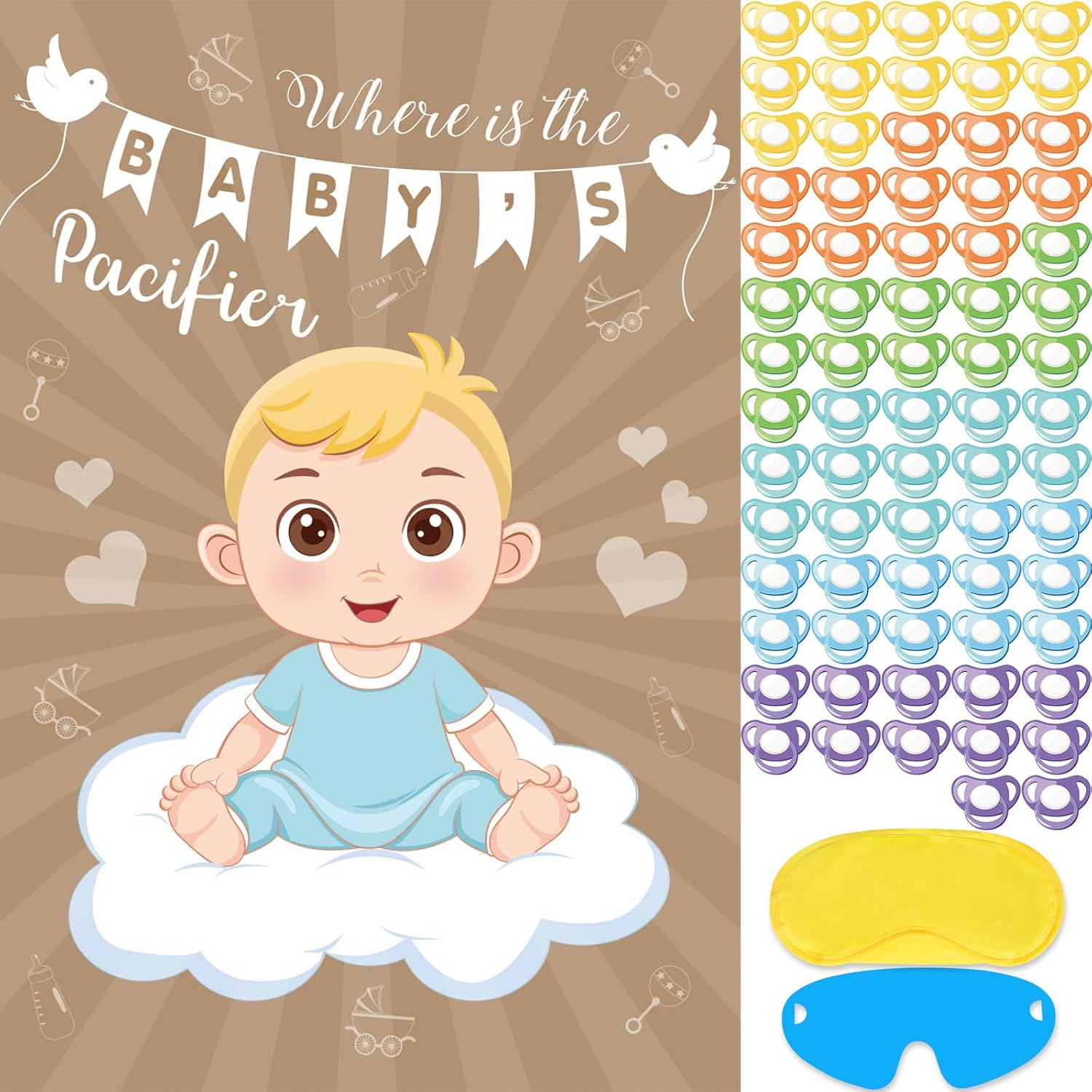 Baby Shower Game Pin The Pacifier On The Baby With 72 Pcs Pacifier Stickers, Large Baby Party Games Poster For Boys Kids Baby Shower Birthday Party Supplies