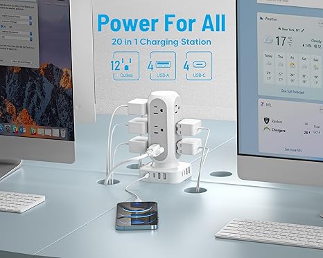 Tower Power Strip 12 Outlets 8 USB Ports 4 USB C 40W Fast Charging 10FT Flat Plug Extension Cord