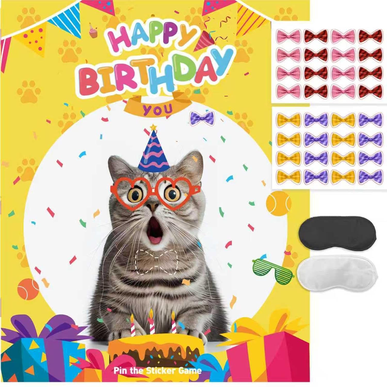 Cat Birthday Party Games For Kids, Pin The Bow On The Cat, Themed Pet Party Decorations Favors Supplies - 32 Stickers