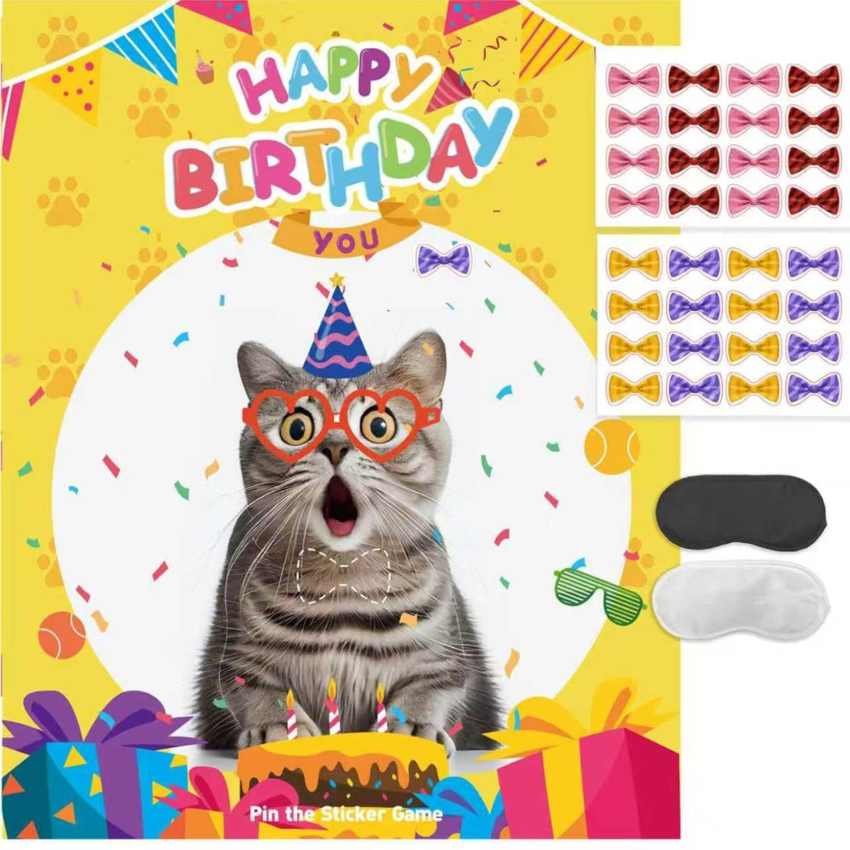 Cat Birthday Party Games For Kids, Pin The Bow On The Cat, Themed Pet Party Decorations Favors Supplies - 32 Stickers