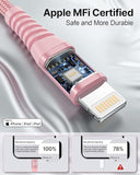 2 Pack 6FT Apple Certified USB A to Lightning Cable Braided Fast Charging Cord for iPhone 14 13 12 11 Pink