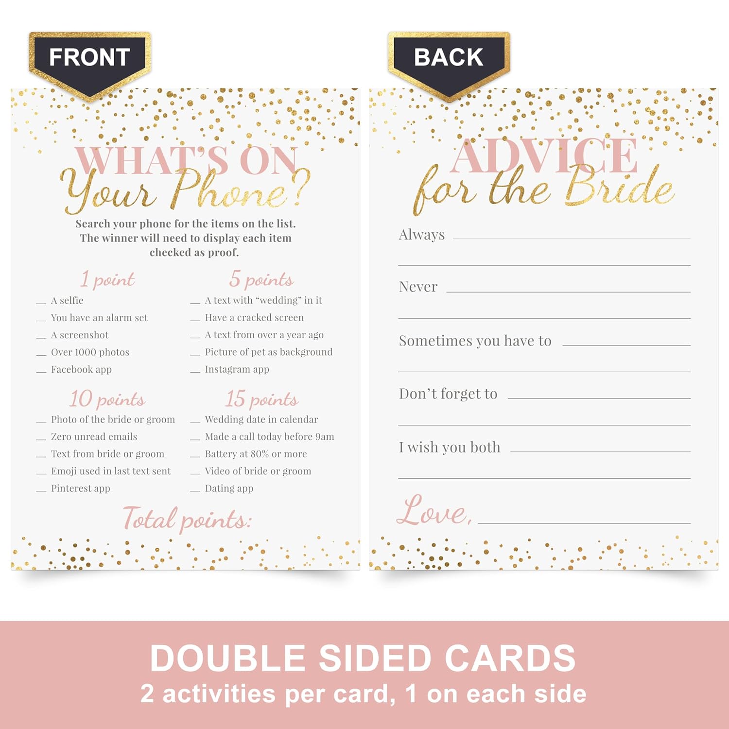 Bridal Shower Games + Advice Cards - For 30 Guests - 4 Activities On Double Sided Cards Includes 3 Games & 1 Advice Card - Pink With Gold Metallic Details For Wedding Showers- Set Of 4 Activities
