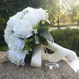 12 Inch Wedding Bouquet With Pearl Crystals Ribbons,Artificial Rose Flower For Bride Bridesmaids Artificial Fake Flowers Fake Flowers Toss Bouquet For Wedding Party Church(White)