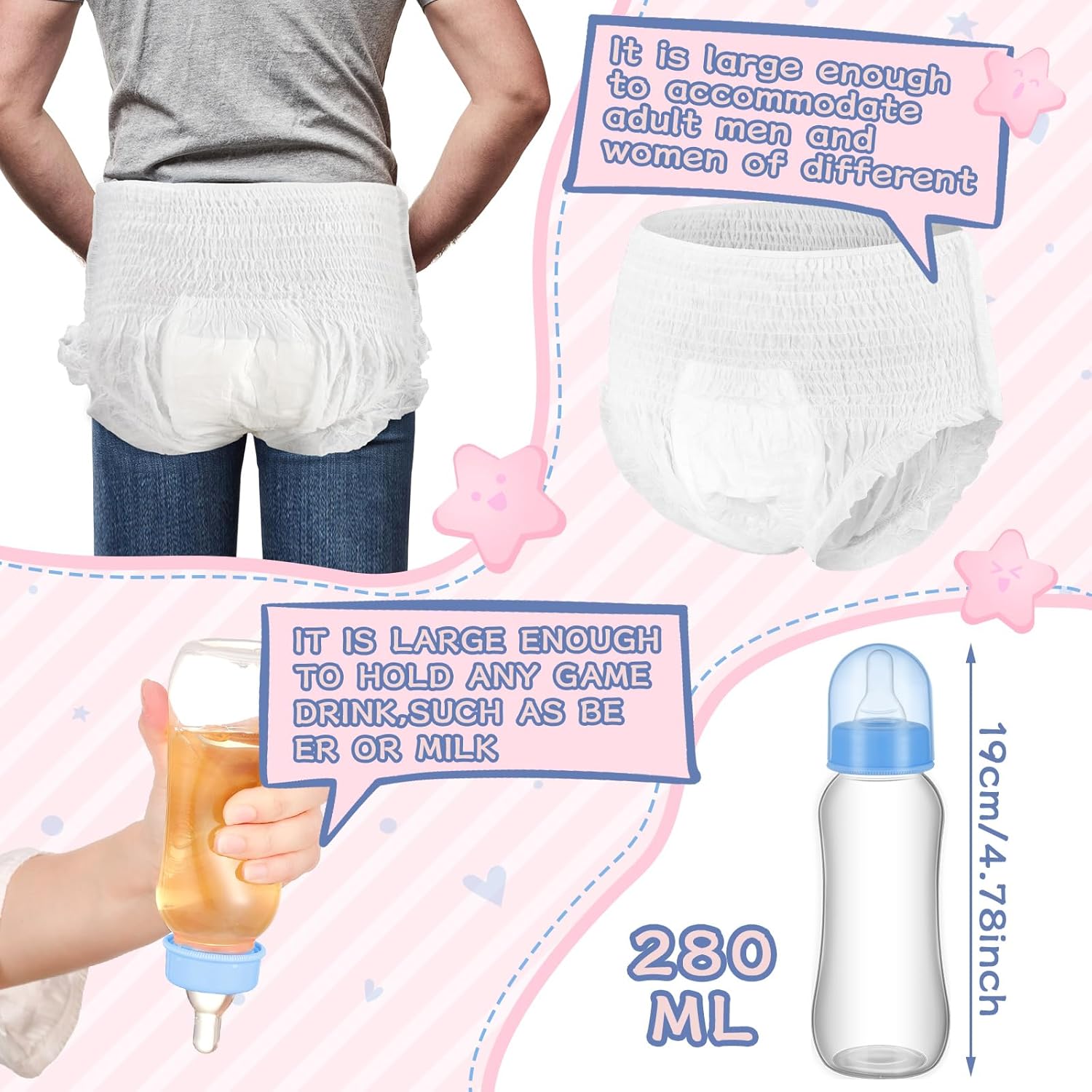 8 Sets Bottle Chug Baby Shower Games Plastic Baby Bottles Bulk Diapers Gender Reveal Games Hat And Adult Bib Race Game Decoration For Girl Adults (Modern Style,Blue)