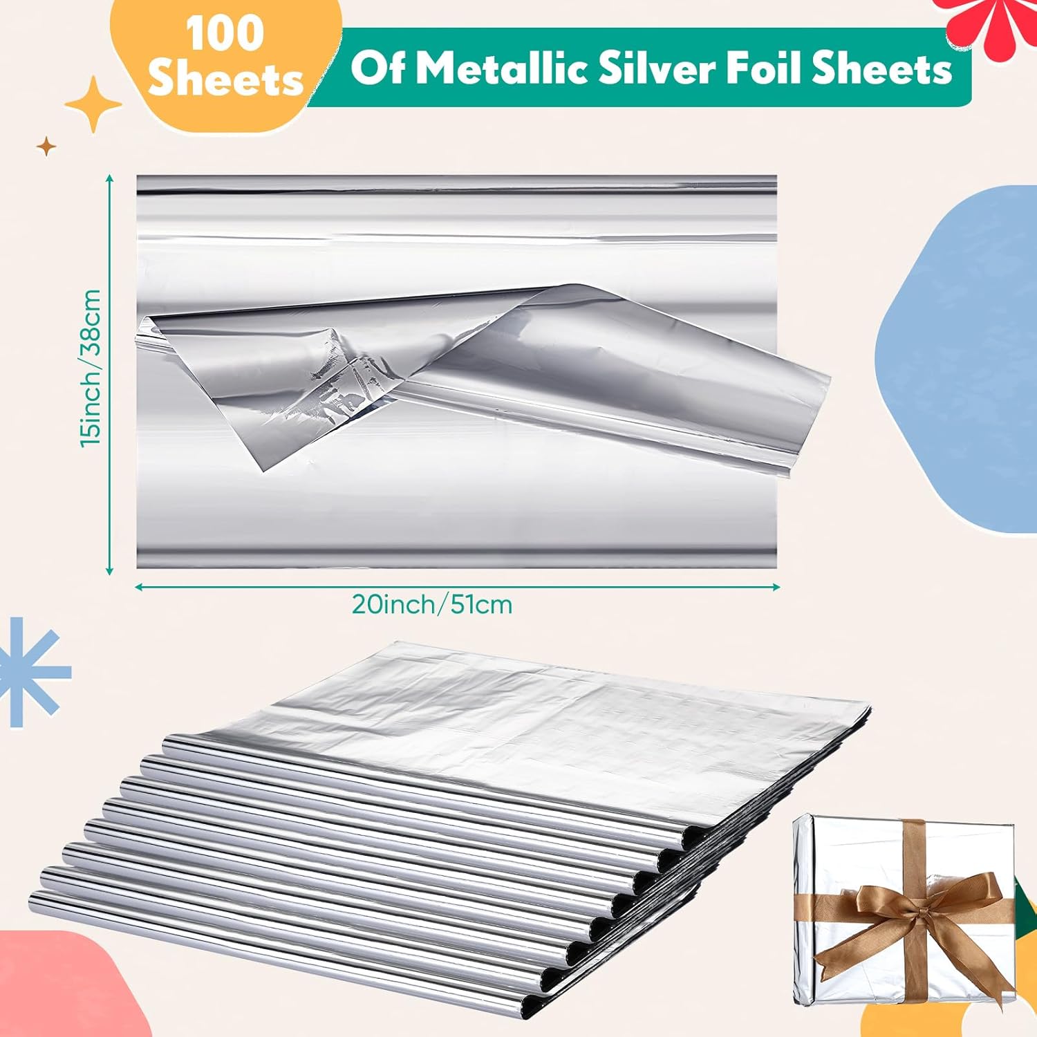 100 Sheets Silver Tissue Paper, 15'' X 20'' Inches Metallic Foil Tissue Sheets, Silver Wrapping Paper Bulk For Craft Diy Gift Wedding Birthday Party Decorations Arts Project