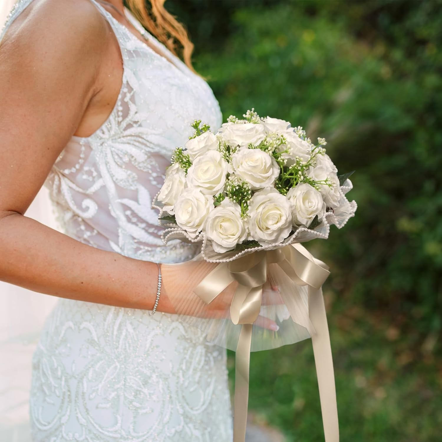 Wedding Bouquets For Bride, Ivory White Bridal Bridesmaid Wedding Flowers, Artificial Toss Rose With Silk Ribbon For Civil Ceremony