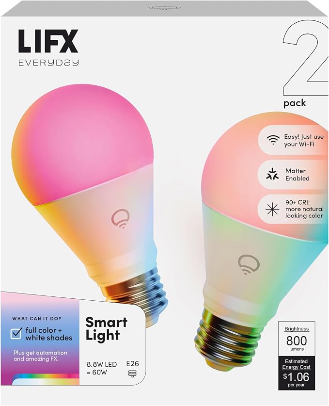 A19 Smart Light Bulbs 2 Pack RGBW Color Changing 800LM Matter Compatible Alexa Google HomeKit E26