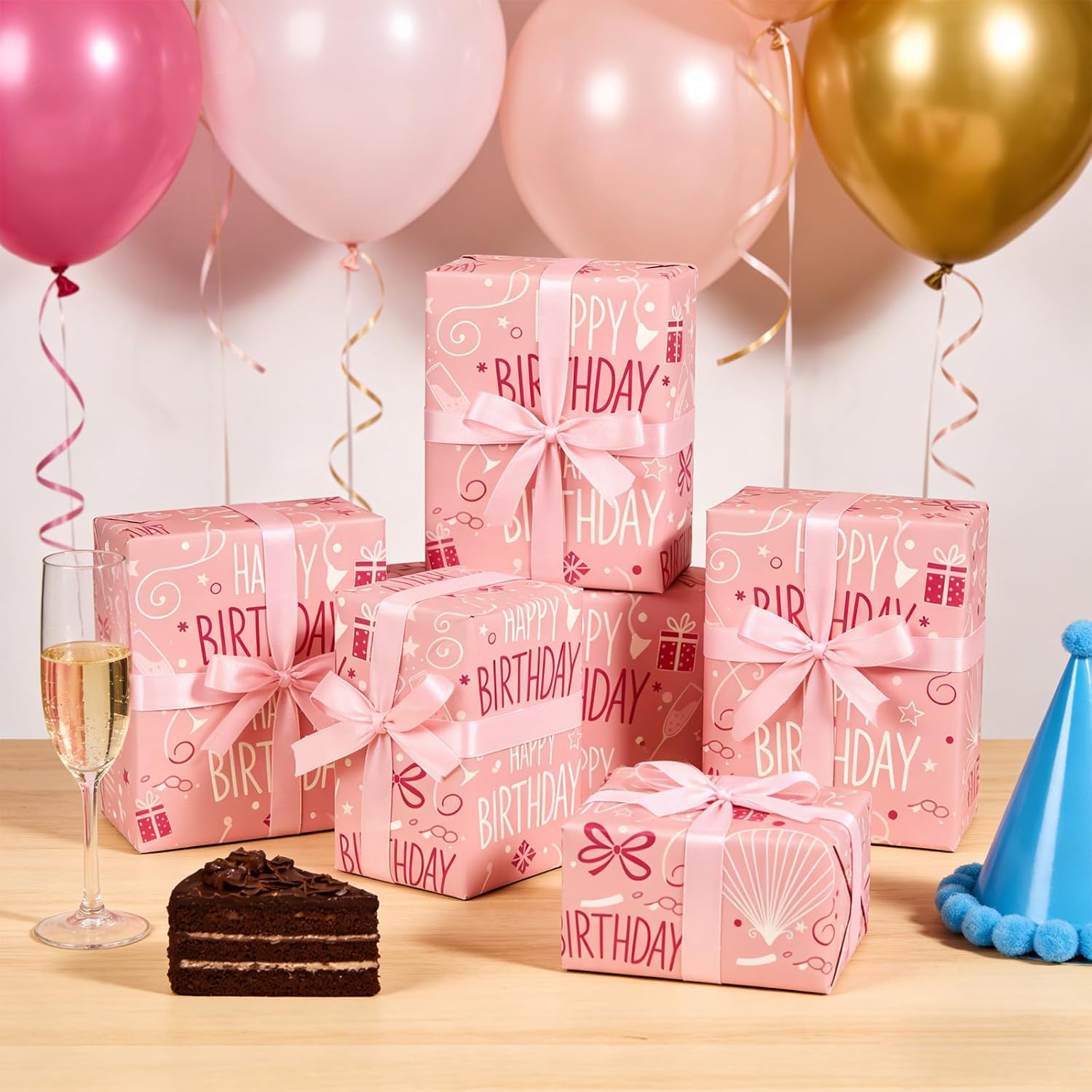 Birthday Wrapping Paper Roll, Pink Gift Wrapping Paper For Small & Medium Gifts, 17 Inch X 33 Feet, Birthday Party Gift Wrap