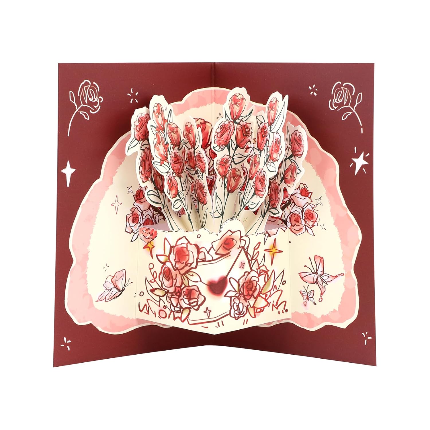 Pop Up Red Rose Flower Card 3D Paper Flower Card for Mother's Day Birthday Anniversry Valentines Day Thank You, 6 IN Romantic Card for Mom Wife Girlfriend with Message Tag and Envelope