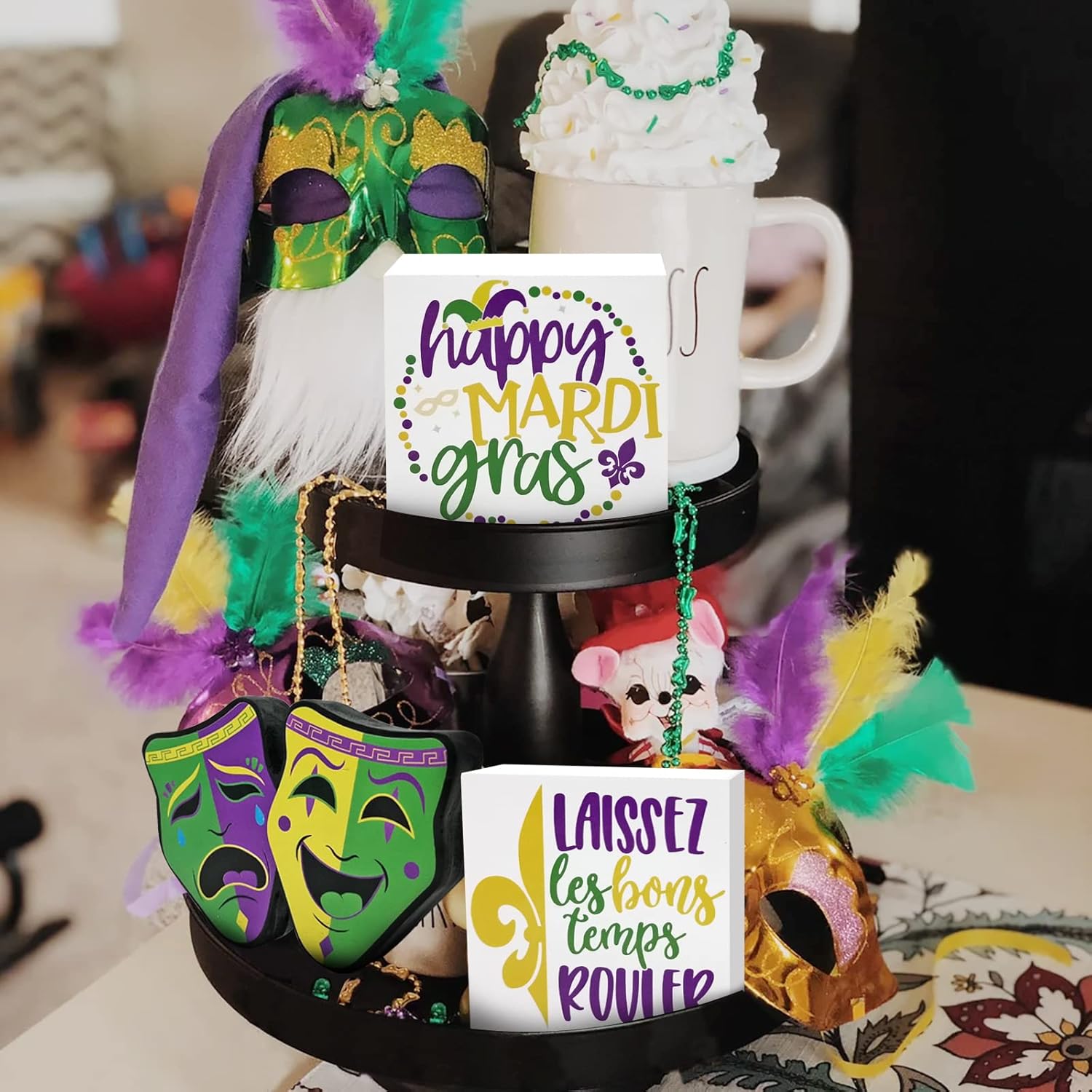 Mardi Gras Wood Signs, Fat Tuesday Tiered Tray Mini Blocks Jester Cap Farmhouse Kitchen Coffee Bar Shelf Spring New Orleans Festival Decor, 3Pcs