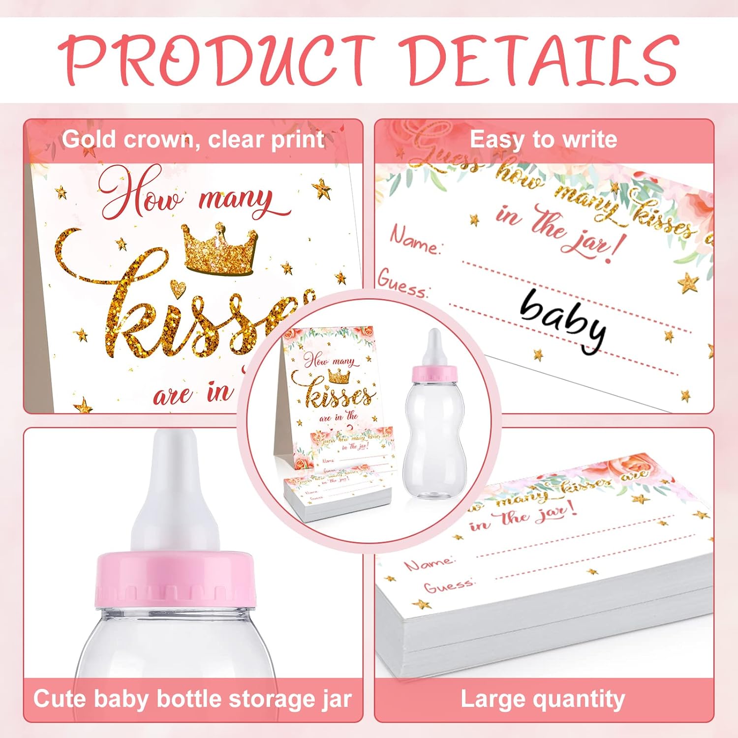 Guess How Many Baby Shower Game Sign With 50 Cards Pink Floral Greenery Big Baby Bottles Decorations 2.76 X 2.76 X 8.27 Inch Giant Bottles For Girl Boy Party Games Favor Gift(Cute Style)