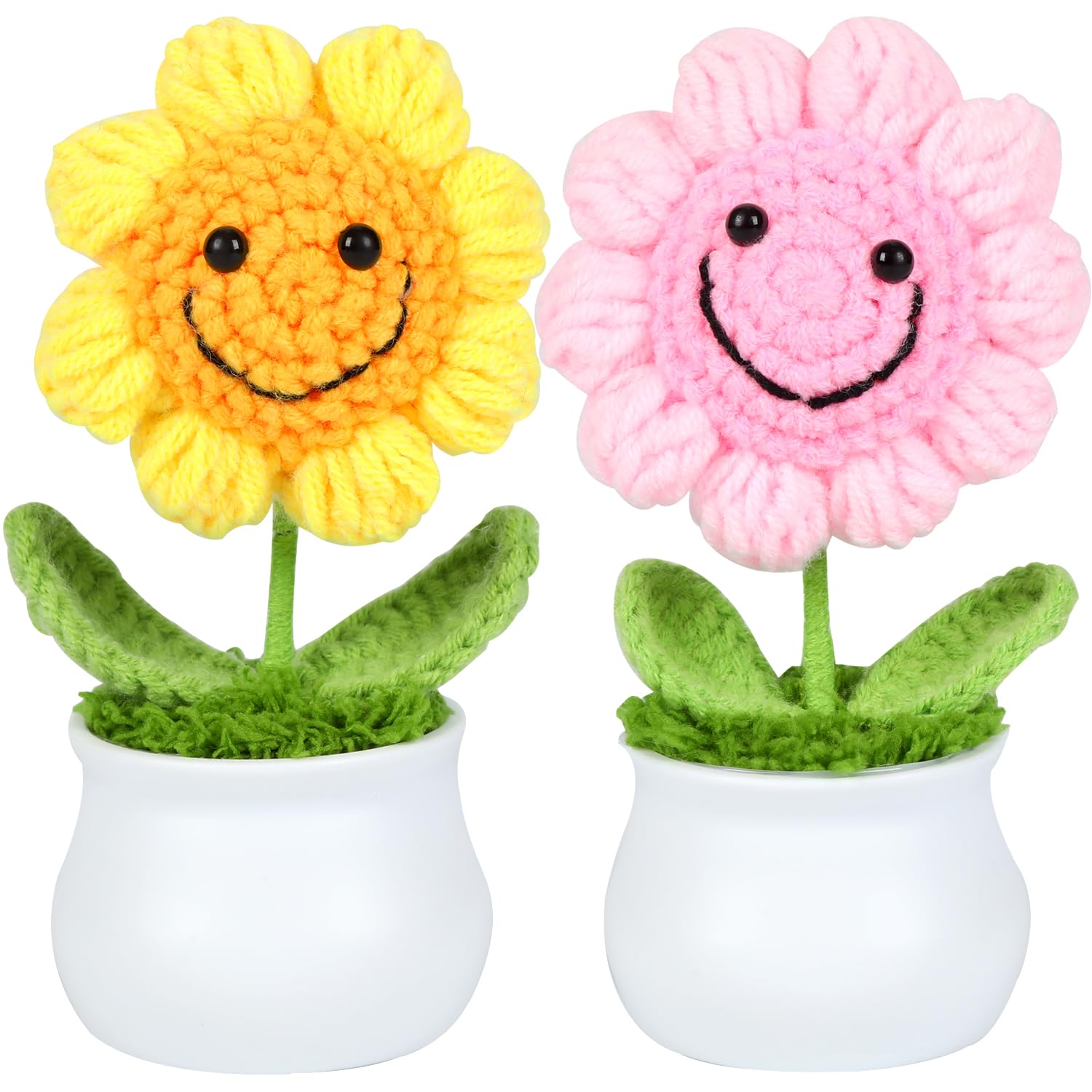 2Pcs Vibrant Smile Crochet Sunflower Artificial Flowers, Perfect For Office Desk & Car Dashboard Decor, Ideal Mother’S Day Birthday Gifts, Charming (Golden & Pink)