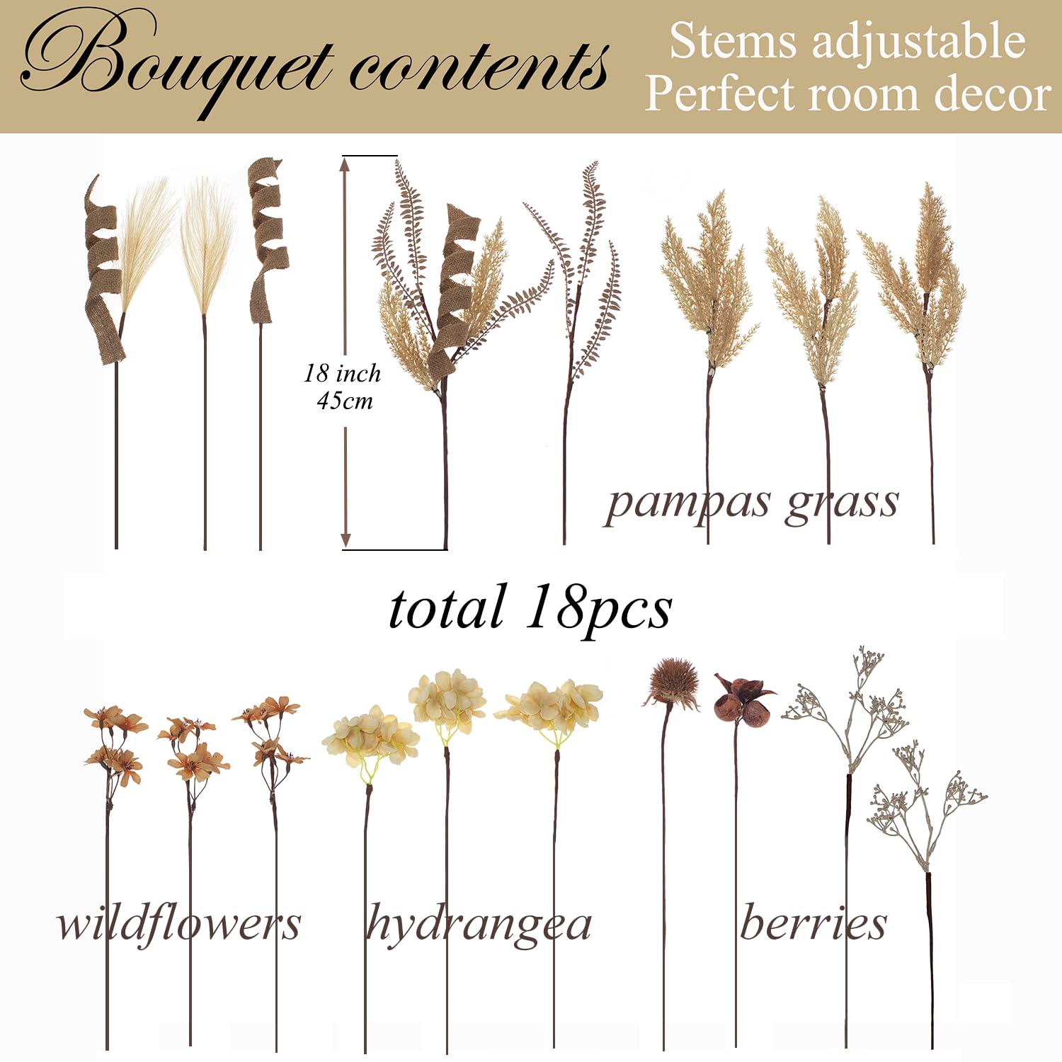 18Pcs Boho Faux Winter Fall Dried Pampas Grass Silk Hydrangea Flowers Bouquets Fall Decor, Fake Autumn Thanksgiving Harvest Stems Fall Picks Branches Floral Arrangements For Vase 18"