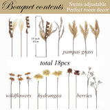 18Pcs Boho Faux Winter Fall Dried Pampas Grass Silk Hydrangea Flowers Bouquets Fall Decor, Fake Autumn Thanksgiving Harvest Stems Fall Picks Branches Floral Arrangements For Vase 18"