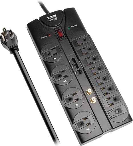 Home Theater Surge Protector Power Strip 12 Outlets 8FT Flat Plug Extension Cord 2880J TV Ethernet Protection
