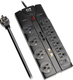 Home Theater Surge Protector Power Strip 12 Outlets 8FT Flat Plug Extension Cord 2880J TV Ethernet Protection