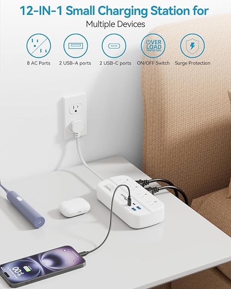 Short Power Strip 8 Outlets 4 USB Ports 1FT Flat Plug Surge Protector