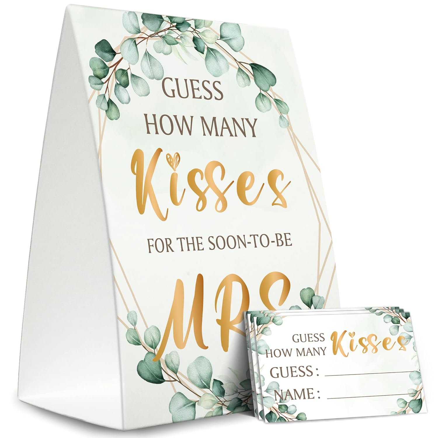 Bridal Shower Game Cards Kit (1 Standing Sign + 50 Guessing Cards),Greenery Golden,Guess How Many Kisses For The Soon To Be Mrs,Bridal Tribe Party - Rh15