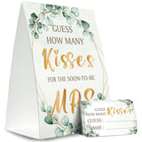 Bridal Shower Game Cards Kit (1 Standing Sign + 50 Guessing Cards),Greenery Golden,Guess How Many Kisses For The Soon To Be Mrs,Bridal Tribe Party - Rh15