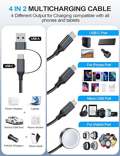 4 in 1 Multi Charging Cable for Apple Watch iPhone Samsung USB C Lightning Micro USB 4FT Black
