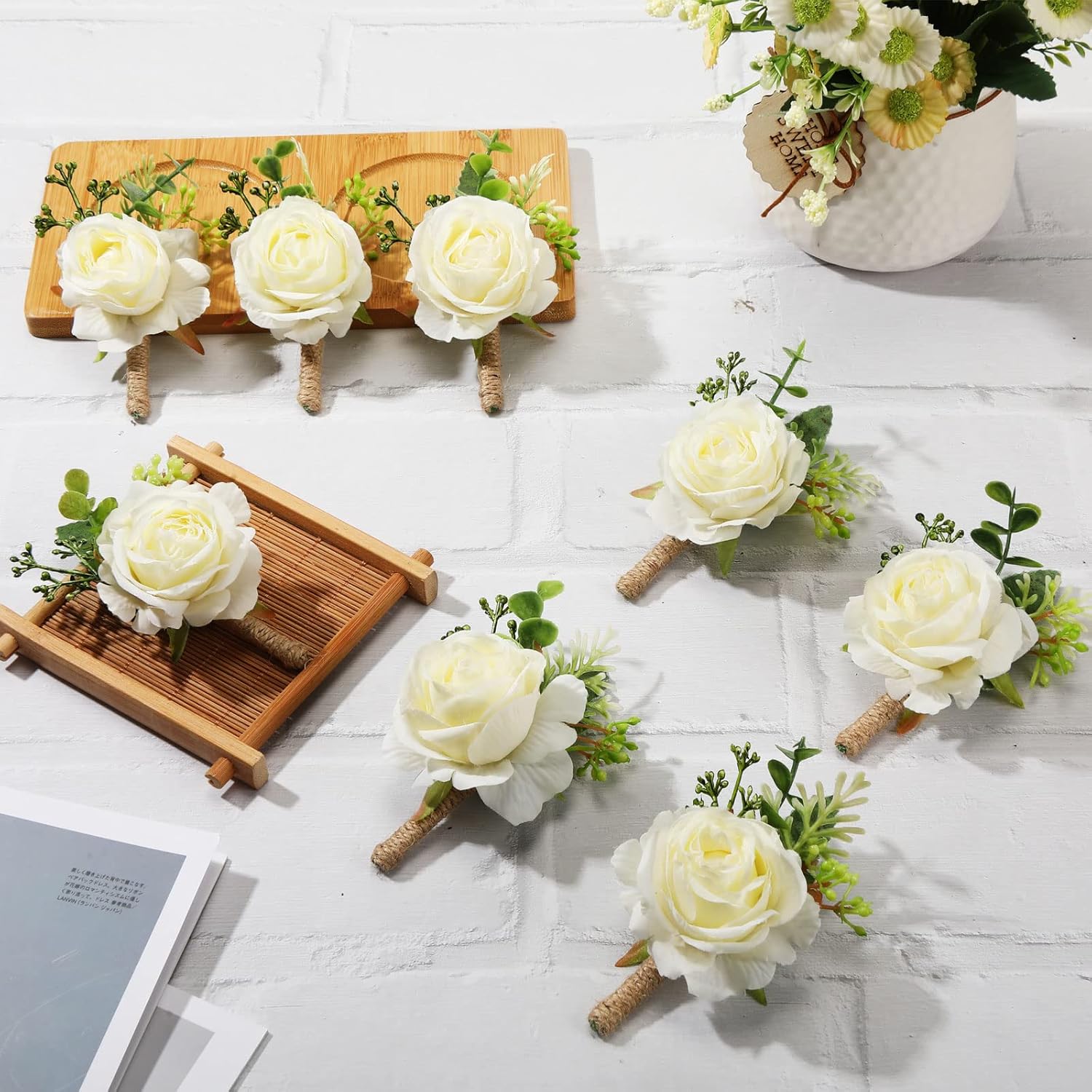 20 Pcs Rose Wrist Corsage And Boutonniere Set Flower Wrist Corsage Wristlet Band Bracelet Bridegroom Men'S Boutonniere Wedding Wristlet Hand Flower For Prom Party Bouquets (White)