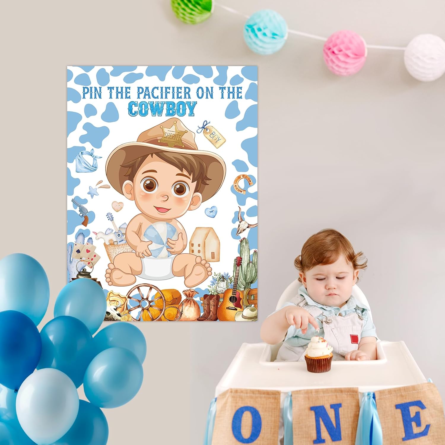 Pin The Pacifier On The Cowboy Party Games Western Party Game First Rodeo Party Decor Large Baby Poster Blindfold 48 Pacifier Stickers For Cowboy Baby Shower Decorations