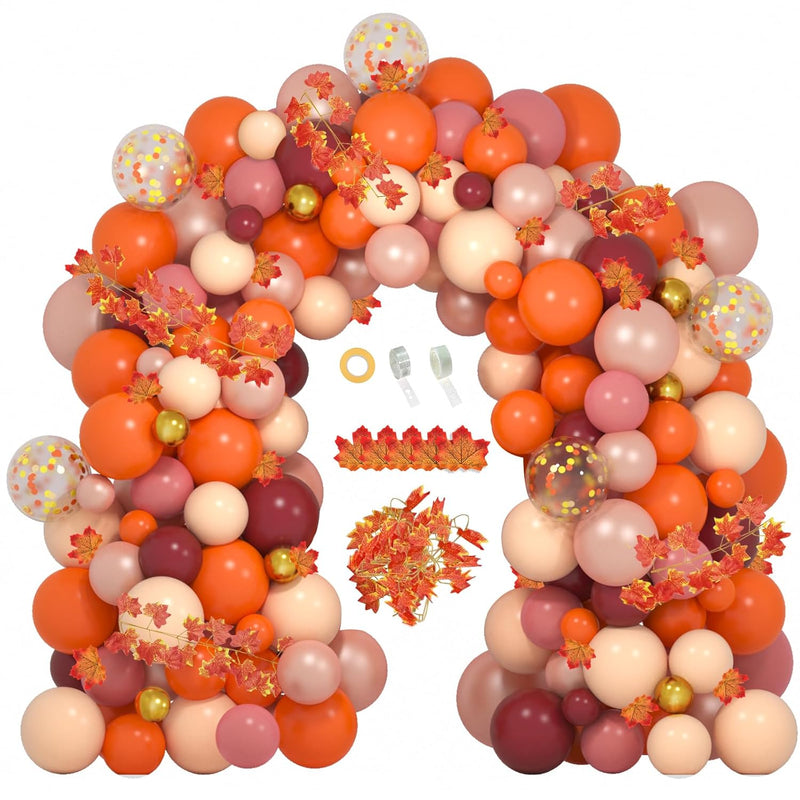 124Pcs Fall Balloons Garland Arch Kit, Fall Decorations Orange Burgund