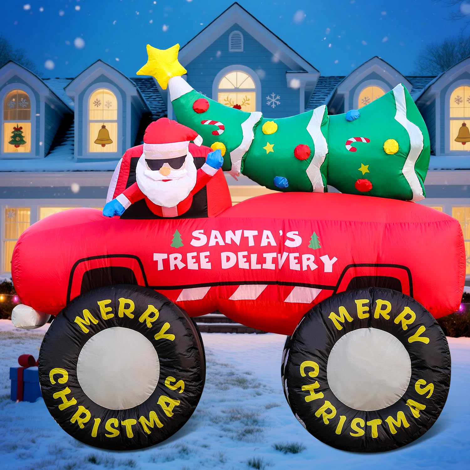 7Ft Christmas Inflatable Blow Up Decorations, Santa Claus Drive Monster Truck With Christmas Tree, Built-In Leds For Hol