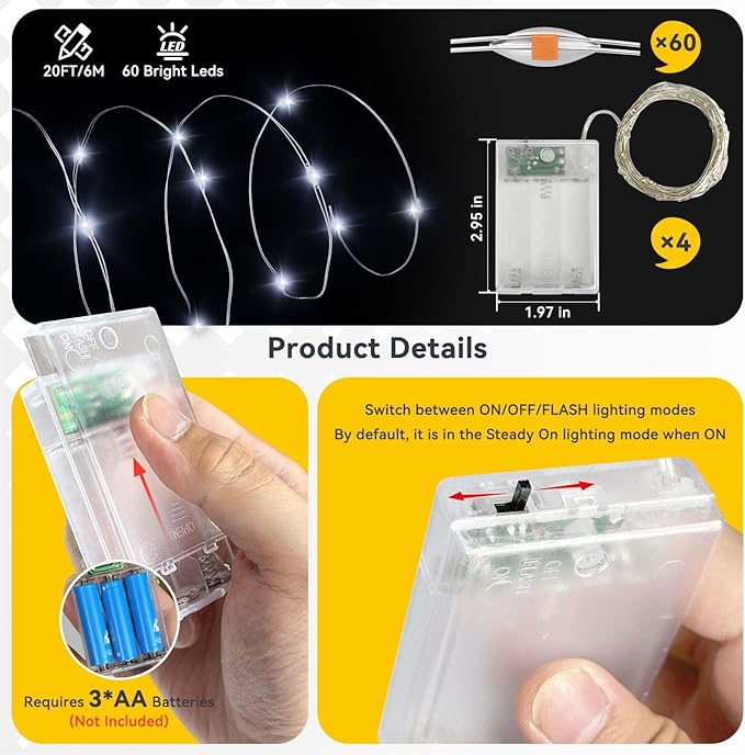 4 Pack Battery Operated Fairy Lights 20FT 240 LED Cool White Twinkle String Lights Waterproof Indoor Outdoor Christmas Bedroom Dorm Classroom DIY Decor