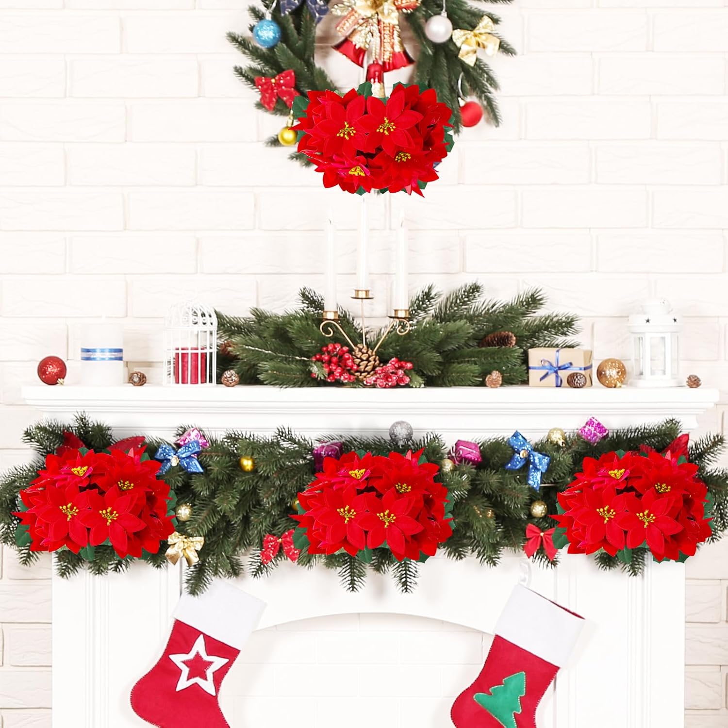 Poinsettia Artificial Christmas Flowers 6Pcs,5 Heads Red 13.7”Fake Poinsettia Flower Bouquet For Home Office Christmas Holiday Indoor Decorations