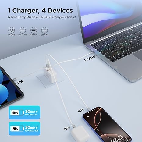 4 in 1 Retractable Wall Charger 35W Fast Travel Charger with Built In USB C and Lightning Cables