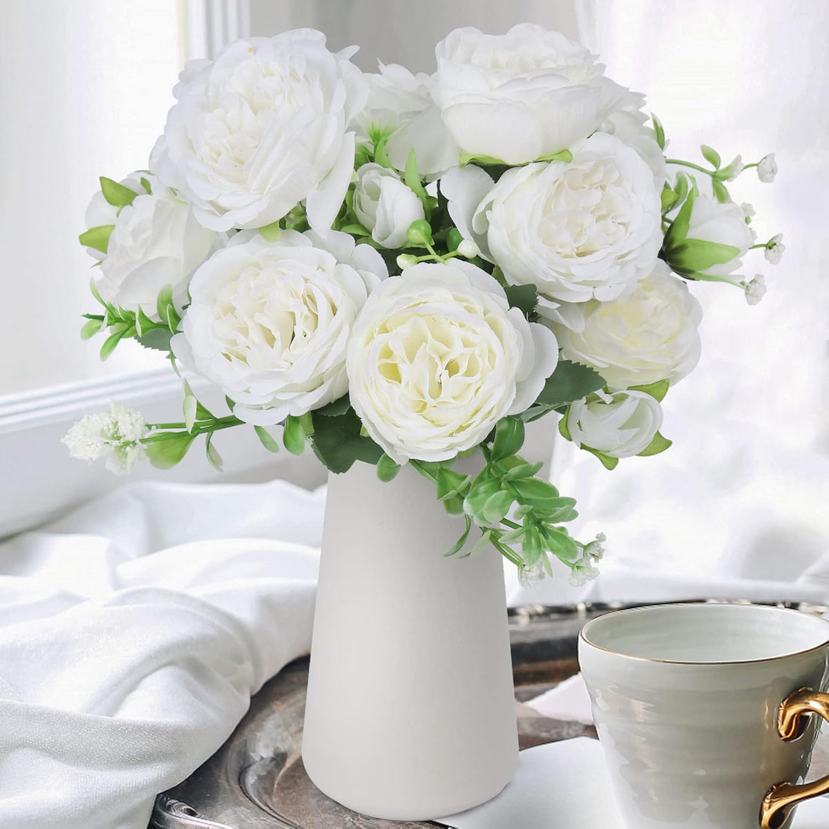 2Pcs Faux Peonies In Ceramics Vase Artificial Flowers Bulk Silk Fake Bouquet Floral Arrangements Centerpieces Decor For Mother'S Day Home Table Wedding(White)