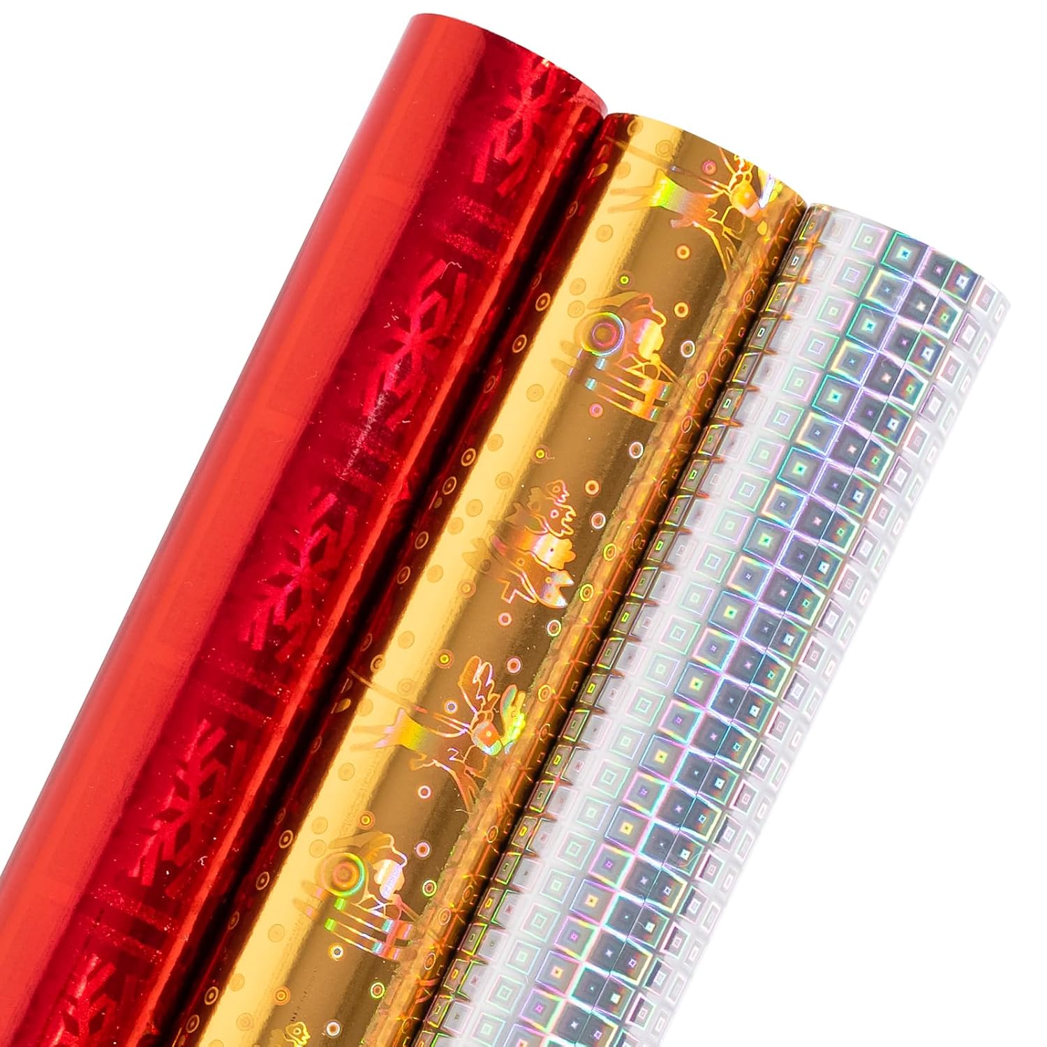 Holographic Foil Wrapping Paper - Mini Roll - Red Snowflake/Gold Bell/Silver Blocks For Christmas, Holiday, Birthday - 17 X 120 Inches - 3 Rolls (42.5 Sq.Ft.Ttl.)
