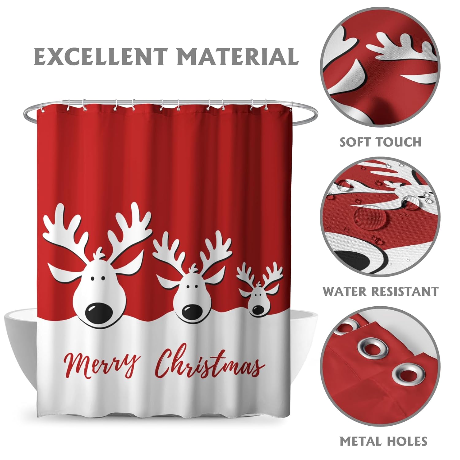 Merry Christmas Shower Curtain Christmas Elk Bathroom Curtain Xmas Cut Reindeer Red White Shower Curtains For Bathroom Winter Holiday New Year Farmhouse Shower Curtains With Hooks 72X72 Inch