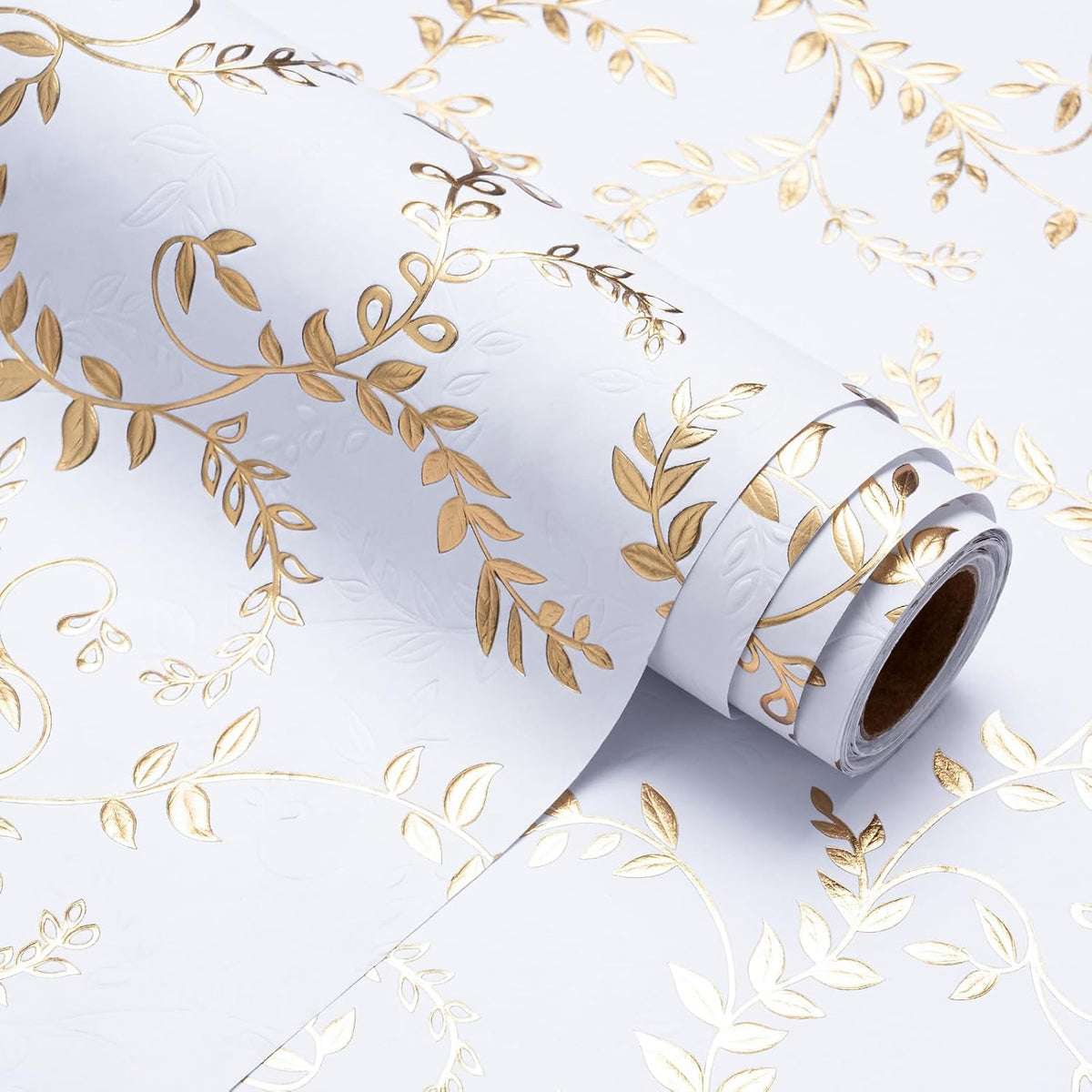 3D Kraft Wrapping Paper Roll - Mini Roll - 17 Inch X 16.5 Feet - Gold And White Leaves Design With Embossed Perfect For Birthday, Holiday, Wedding, Baby Shower