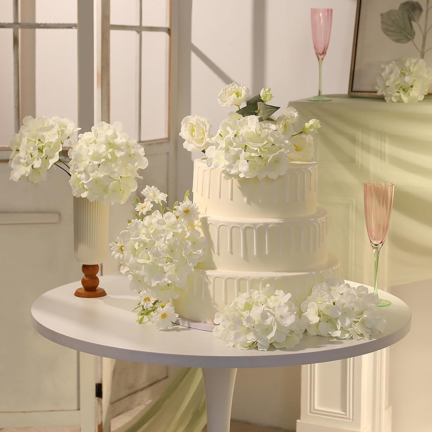 20Pcs White Hydrangea Artificial Flowers, Ivory Faux Hydrangea Flowers, Silk Flowers Heads With Stems, Fake Hydrangeas For Home Decor Wedding Party Centerpieces Diy Floral Arrangements