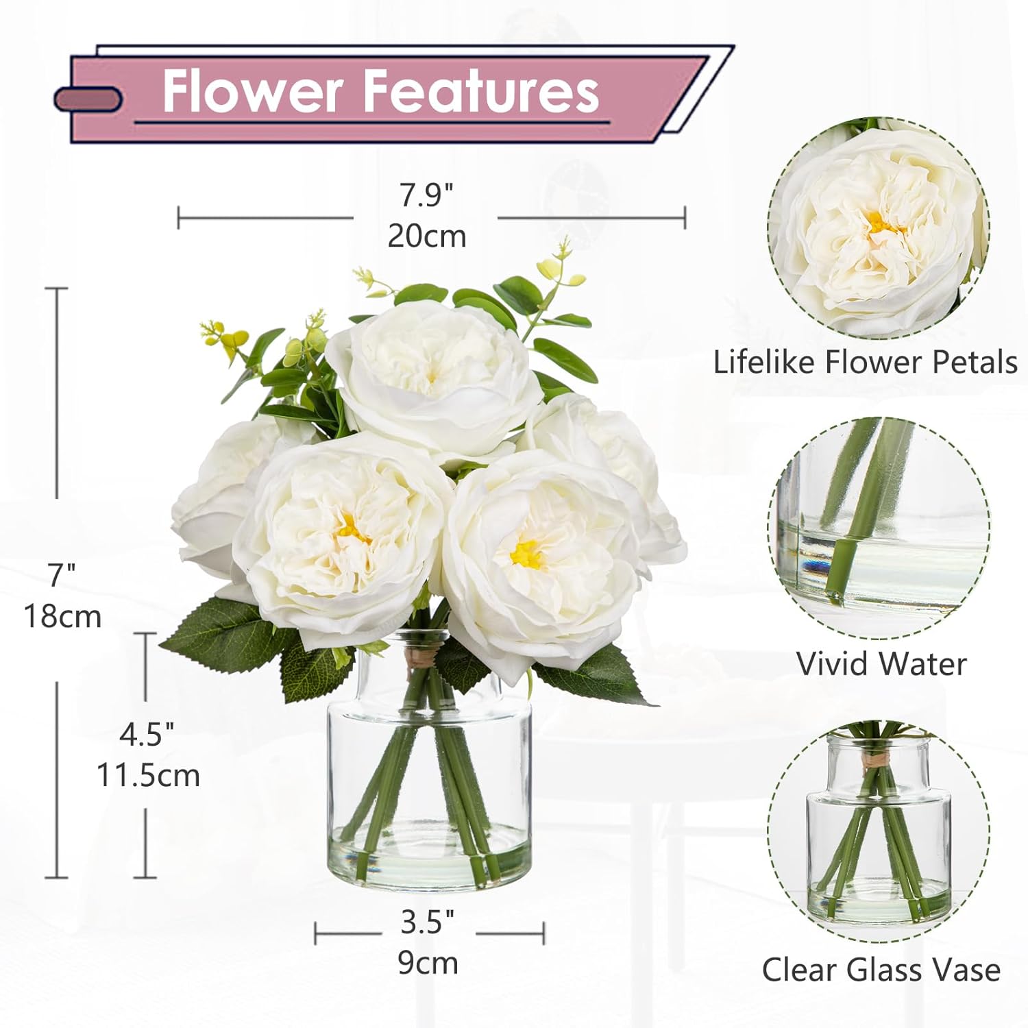 Real Touch Peonies Artificial Flowers Arrangements In Vase White Fake Peonies With Glass Vase Silk David Austin Roses Faux Flowers With Clear Faux Water Bouquet Table Centerpiece Home Decor