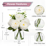 Real Touch Peonies Artificial Flowers Arrangements In Vase White Fake Peonies With Glass Vase Silk David Austin Roses Faux Flowers With Clear Faux Water Bouquet Table Centerpiece Home Decor