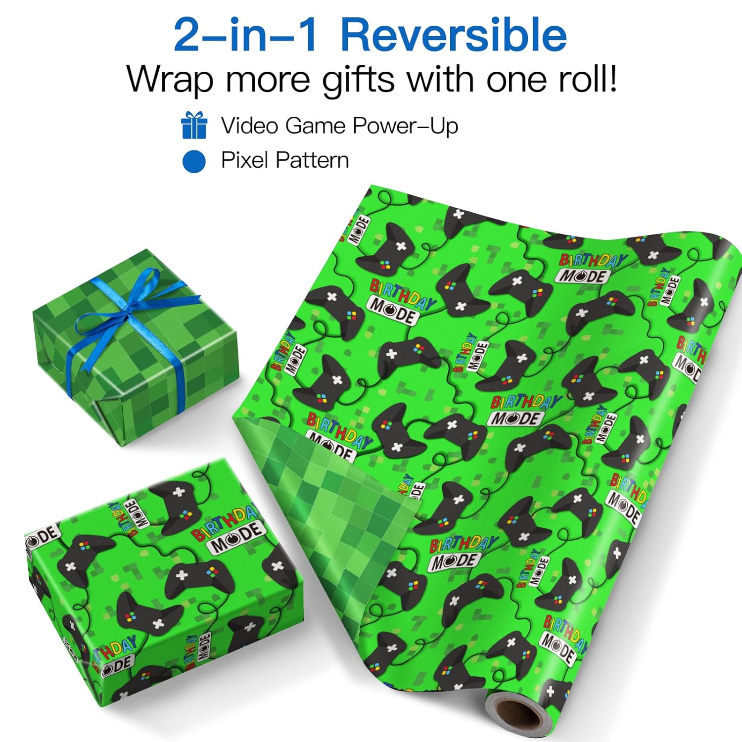 Reversible Birthday Gaming Wrapping Paper Roll, Mini Roll, Green Game Controller And Pixel Design Gift Wrap Paper For Kids, Boys, Game Lover, Birthday, Party, Holiday, 17 Inches X 16.4 Feet