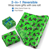 Reversible Birthday Gaming Wrapping Paper Roll, Mini Roll, Green Game Controller And Pixel Design Gift Wrap Paper For Kids, Boys, Game Lover, Birthday, Party, Holiday, 17 Inches X 16.4 Feet
