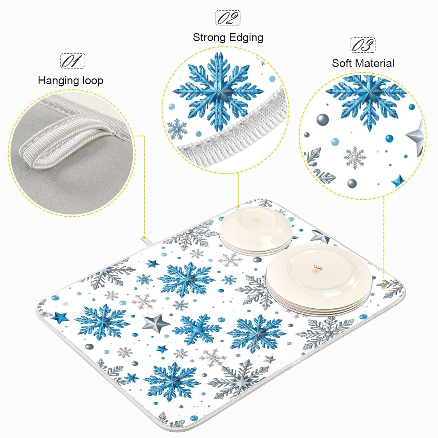 Winter Snowflakes And Stars Dish Drying Mats Merry Christmas Drying Mat With Hanging Loop Absorbent Dishes Drainer Pad Kitchen Counter Mat 18X24 In