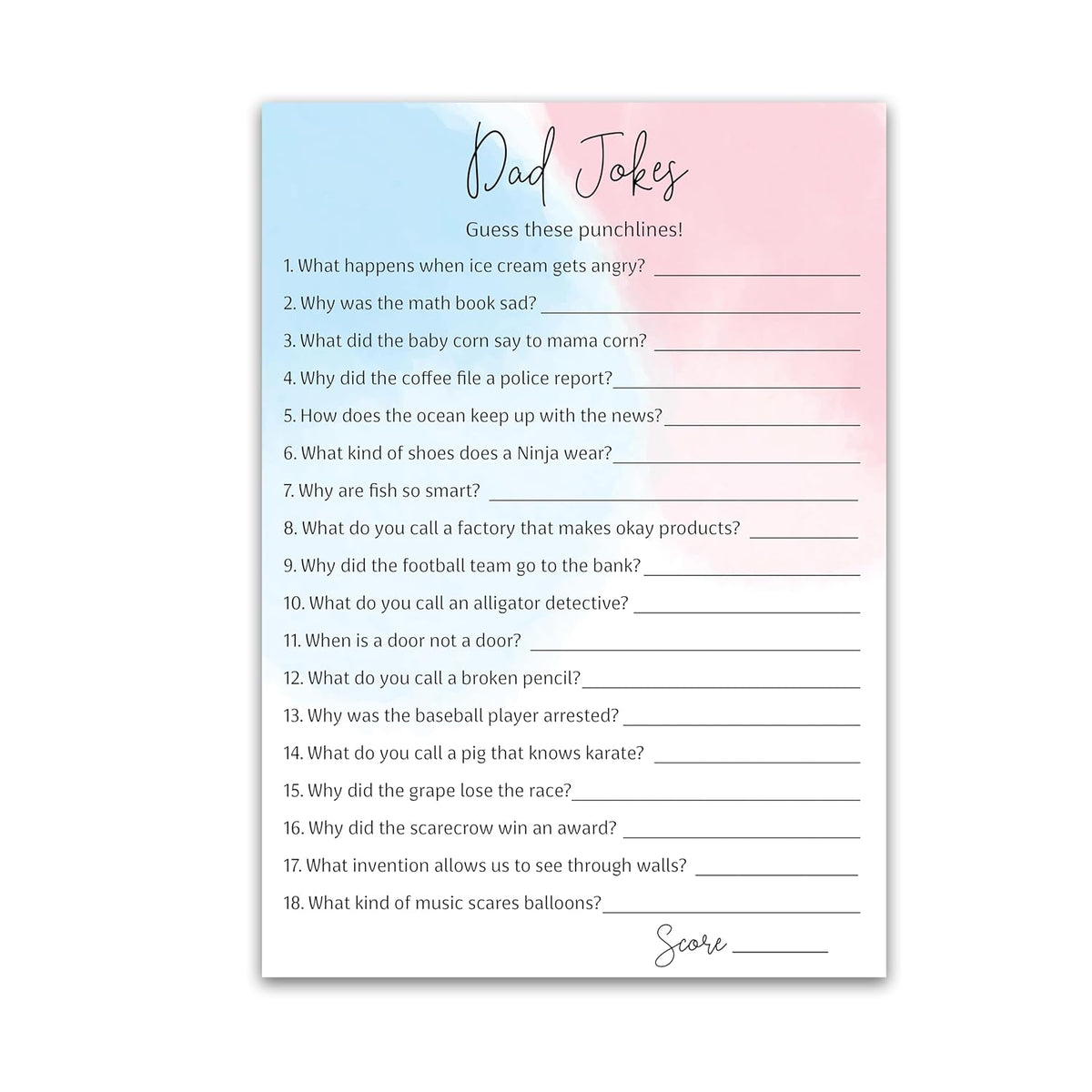Dad Jokes Gender Reveal Party Game, Daddy Jokes Baby Shower Trivia Games — Pack Of 25 — Fun Dad Joke Game, Pink Or Blue, Funny Trivia, Girl Or Boy, Sprinkle, Co-Ed Couples Shower, Birthday G752-Djk