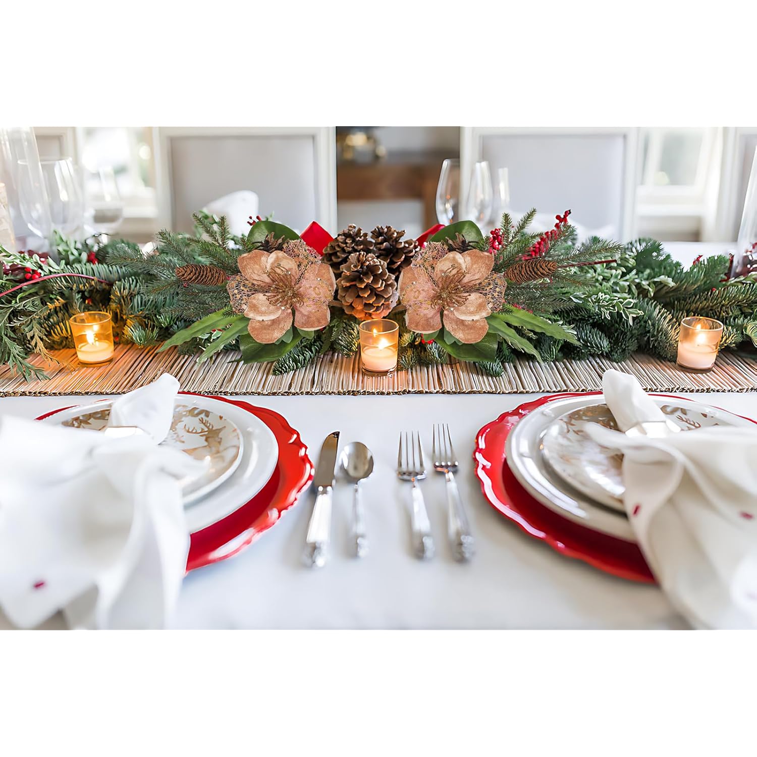 2 Pack 18.9In Christmas Magnolia Flower Picks, Artificial Magnolia Flower Spray With Pinecones For Xmas Tree Vase Floral Arrangements Wreath Decor