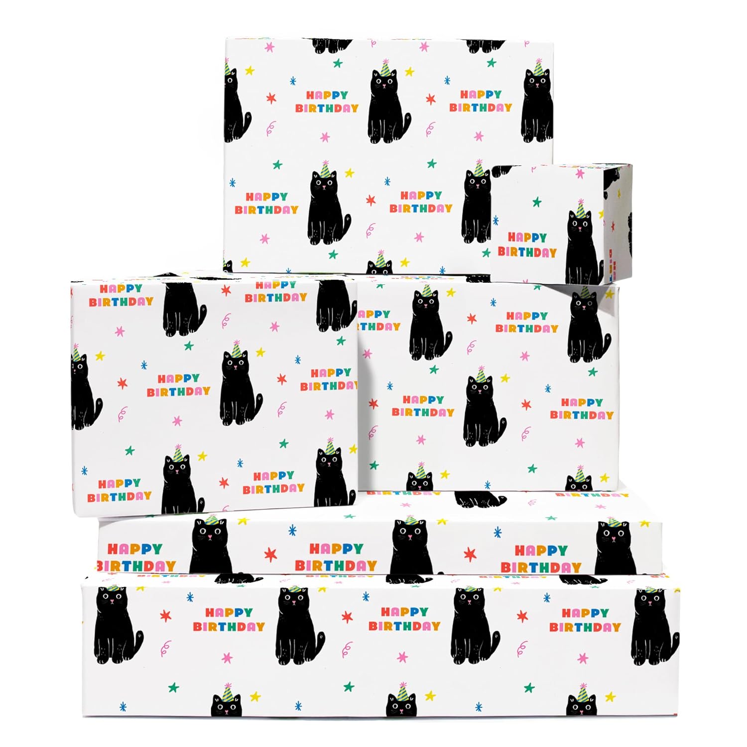 Cat Birthday Wrapping Paper - 6 Sheets Of Gift Wrap - Black Cats - Happy Birthday Text - White Gift Wrapping Paper For Men Women - Recyclable